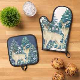Rustieke Kerst Sneeuwbos Herten Decoratie Voor Thu Ovenwant & Pannenlap Set