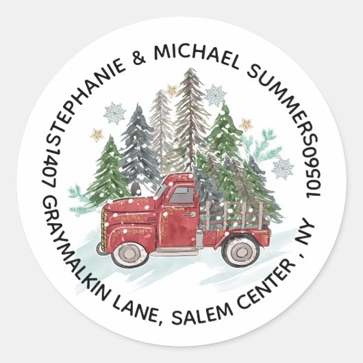 Rustieke Kerst Truck Bomen Rond Retouradres Ronde Sticker (Voorkant)