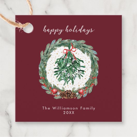 Rustieke Kerst Watercolor Krans Mistletoe Bedankjes Labels (Voorkant)