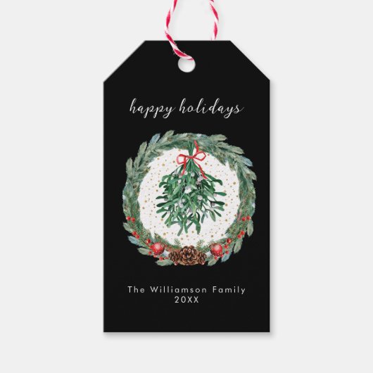Rustieke Kerst Watercolor Krans Mistletoe Cadeaulabel (Voorkant)