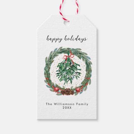 Rustieke Kerst Watercolor Krans Mistletoe Cadeaulabel (Voorkant)