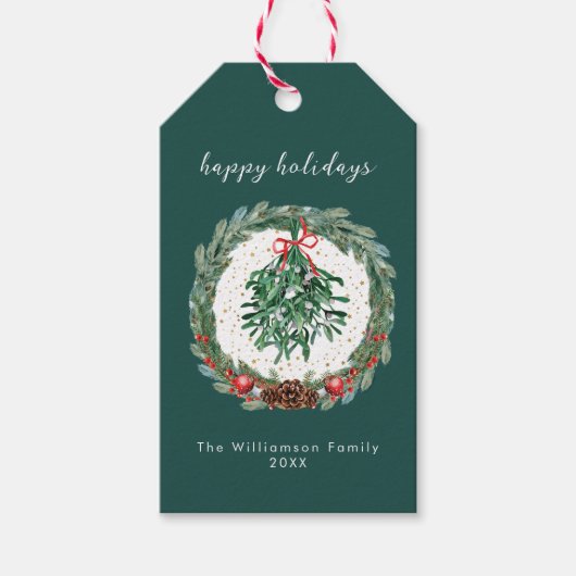 Rustieke Kerst Watercolor Krans Mistletoe Cadeaulabel (Voorkant)