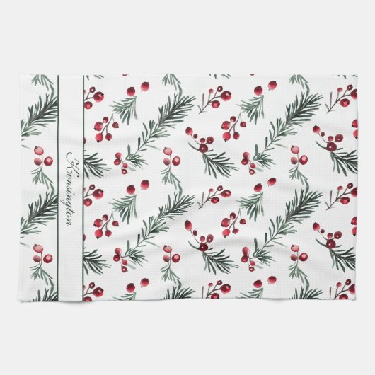 Rustieke Kerst Waterverf Botanische Jouw naam Theedoek (Horizontaal)