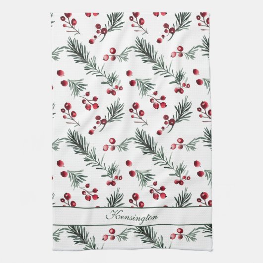 Rustieke Kerst Waterverf Botanische Jouw naam Theedoek (Verticaal)