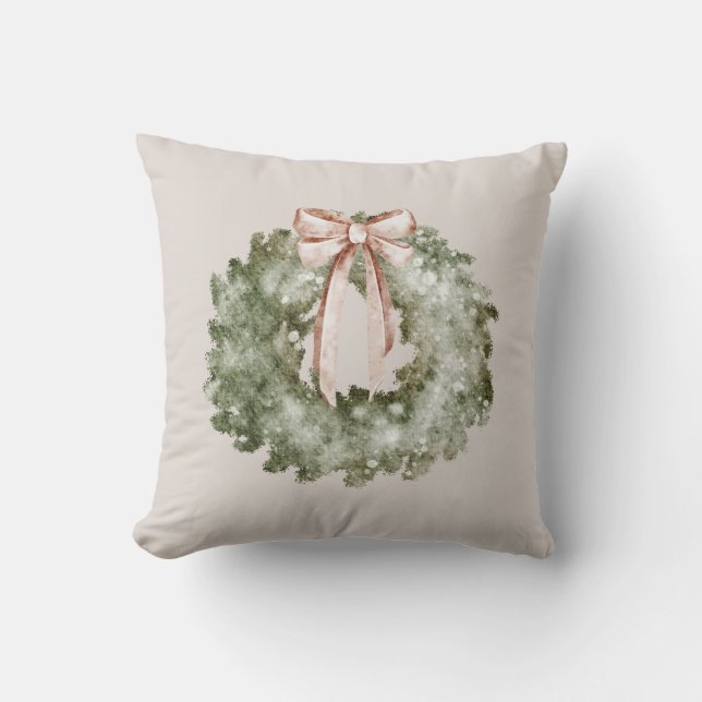 Rustieke Kerst Waterverf Krans en Strik Kussen (Voorkant)