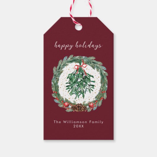 Rustieke Kerst Waterverf Krans Mistletoe Cadeaulabel (Voorkant)