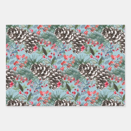 Rustieke Kerst Waterverf Pinecones & Berries Inpakpapier Vel (Voorkant 3)