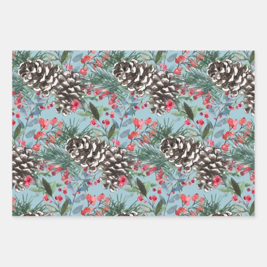 Rustieke Kerst Waterverf Pinecones & Berries Inpakpapier Vel (Voorkant 2)