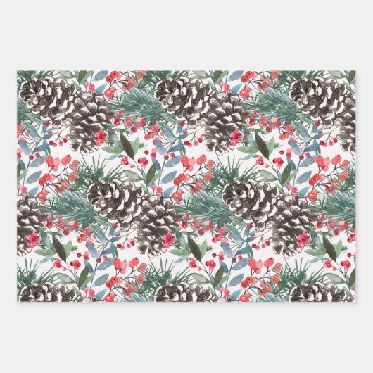 Rustieke Kerst Waterverf Pinecones & Berries Inpakpapier Vel (Voorkant)