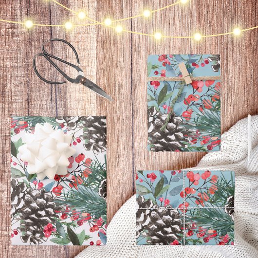 Rustieke Kerst Waterverf Pinecones & Berries Inpakpapier Vel