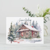 Rustieke Kerst Waterverf Woodland Cabin Feestdagenkaart (Staand voorkant)