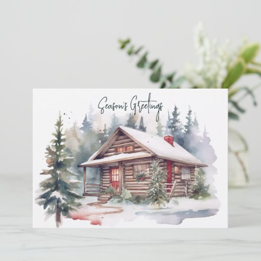Rustieke Kerst Waterverf Woodland Cabin Feestdagenkaart (Staand voorkant)