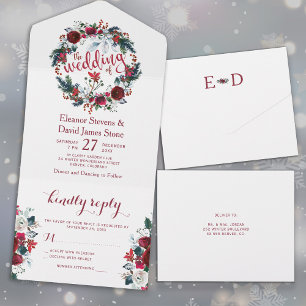 Rustieke Kerst winter bloemenkrans bruiloft RSVP All In One Uitnodiging