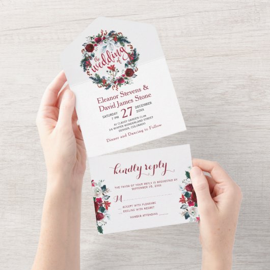 Rustieke Kerst winter bloemenkrans bruiloft RSVP All In One Uitnodiging (Afscheurbaar)