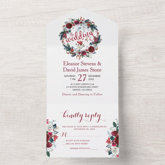Rustieke Kerst winter bloemenkrans bruiloft RSVP All In One Uitnodiging (Binnen)