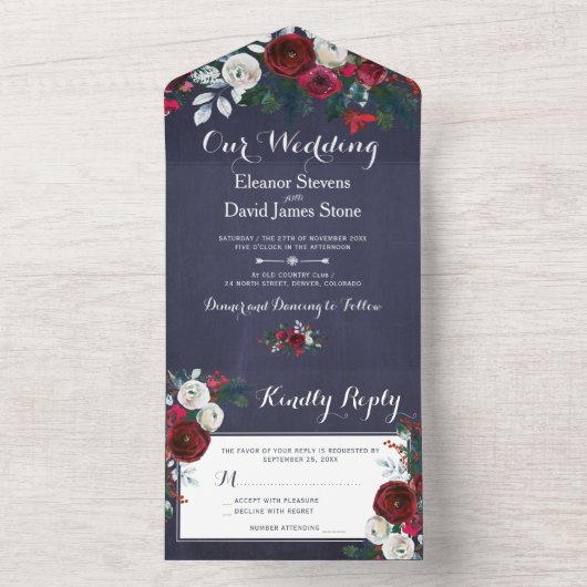 Rustieke Kerst winter bruiloft bloemenrsvp All In One Uitnodiging (Binnen)