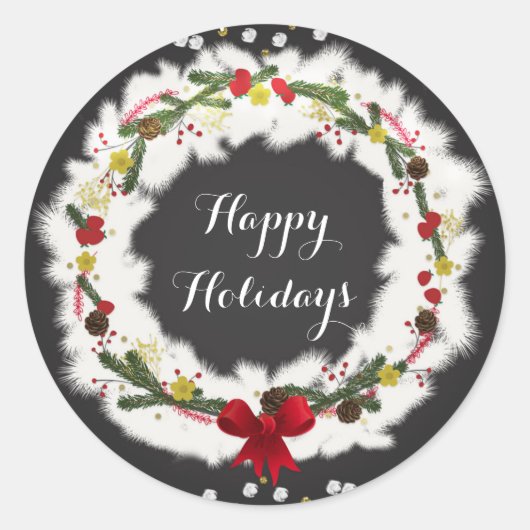 Rustieke Kerst Wit Dennenkrans Kerstfeest Ronde Sticker (Voorkant)