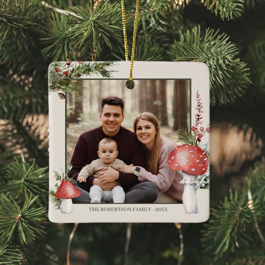 Rustieke Kerst Woodland Paddenstoelen Foto Keramisch Ornament