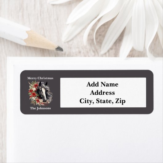 Rustieke Kerst Zwarte Paard Rode Krans Etiket (Insitu)