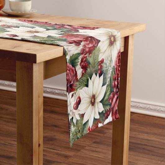  rustieke kerstbloemen bladeren Pattern Korte Tafelloper (Voorbeeld)