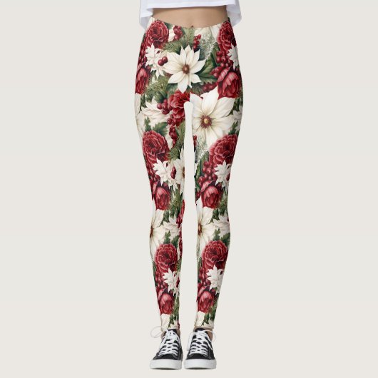  rustieke kerstbloemen bladeren Pattern Leggings (Voorkant)