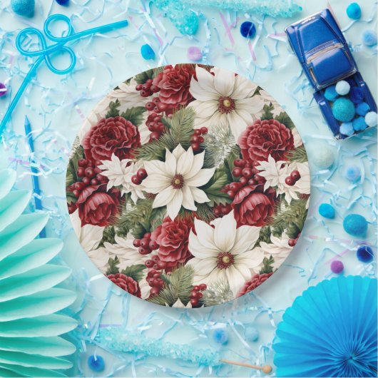  rustieke kerstbloemen bladeren Pattern Papieren Bordje (Feest)