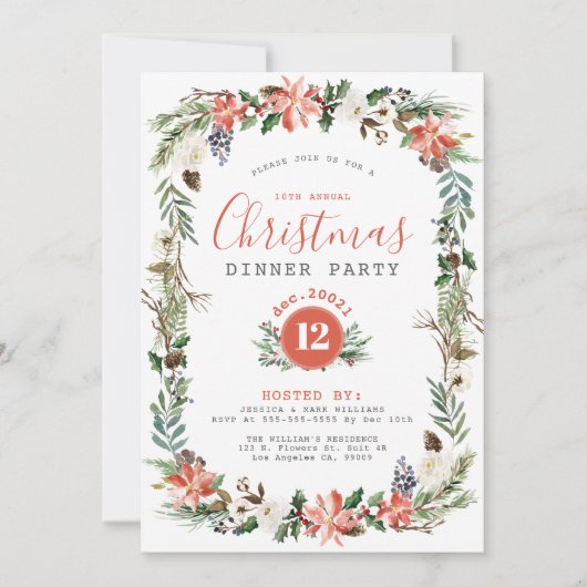 Rustieke Kerstbloemen Frame Feest Uitnodiging (Voorkant)