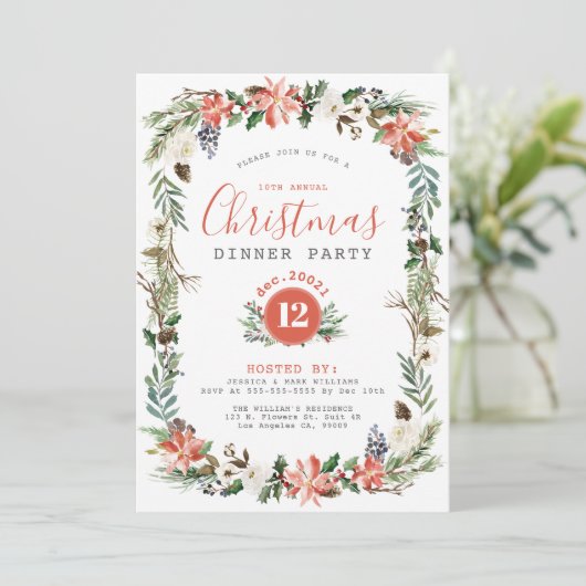 Rustieke Kerstbloemen Frame Feest Uitnodiging (Staand voorkant)