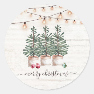 Rustieke kerstbomen houten slingerlichtjes ronde sticker