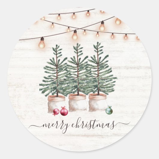 Rustieke kerstbomen houten slingerlichtjes ronde sticker (Voorkant)