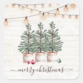 Rustieke kerstbomen houten slingerlichtjes vierkante sticker