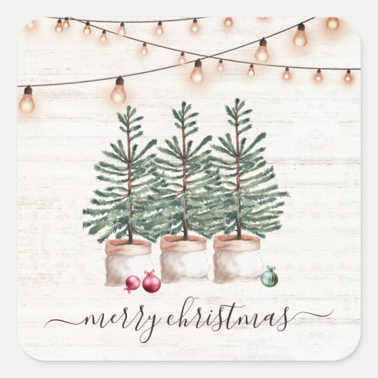 Rustieke kerstbomen houten slingerlichtjes vierkante sticker (Voorkant)