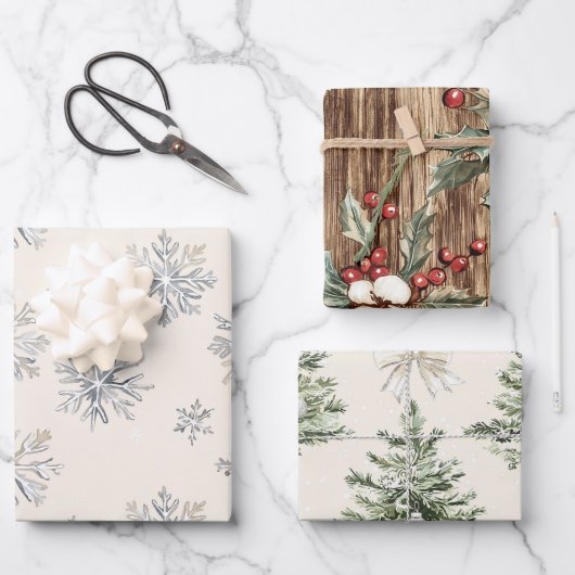 Rustieke kerstbomen Sneeuwvlokken Inpakpapier Vel (Voorkant)