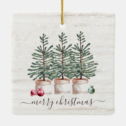 Rustieke kerstbomen Vrolijk kerstfeest Keramisch Ornament (Achterkant)