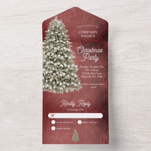 Rustieke kerstboom bedrijf feestdag rood all in one uitnodiging (Binnen)