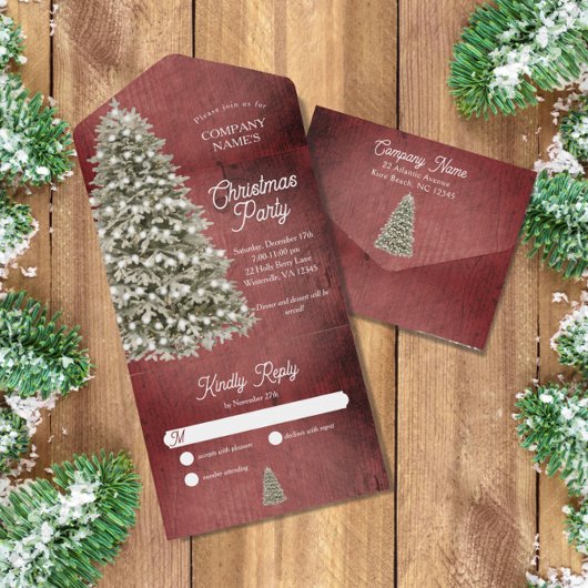 Rustieke kerstboom bedrijf feestdag rood all in one uitnodiging
