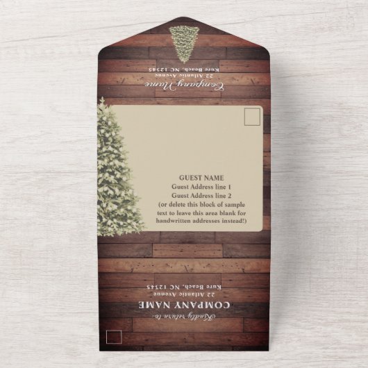 Rustieke kerstboom bedrijf vakantie feest all in one uitnodiging (Buitenkant)