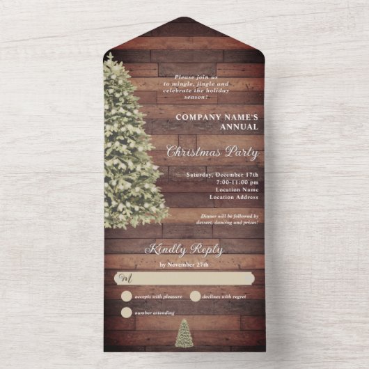 Rustieke kerstboom bedrijf vakantie feest all in one uitnodiging (Binnen)
