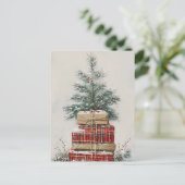 Rustieke kerstboom en geplakte geschenkstapel feestdagenkaart (Staand voorkant)