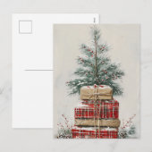 Rustieke kerstboom en geplakte geschenkstapel feestdagenkaart (Voorkant / Achterkant)