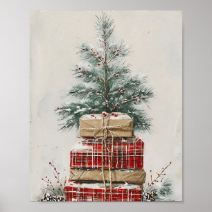 Rustieke kerstboom en geplakte geschenkstapel poster