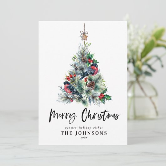 Rustieke kerstboom Holly Vogelvakantie Feestdagenkaart (Staand voorkant)