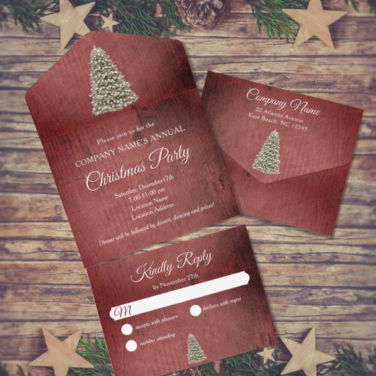 Rustieke kerstboom rood bedrijf vakantie feest all in one uitnodiging