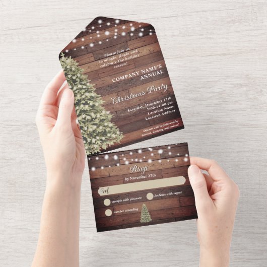 Rustieke Kerstboom String Lights Company Party All In One Uitnodiging (Afscheurbaar)