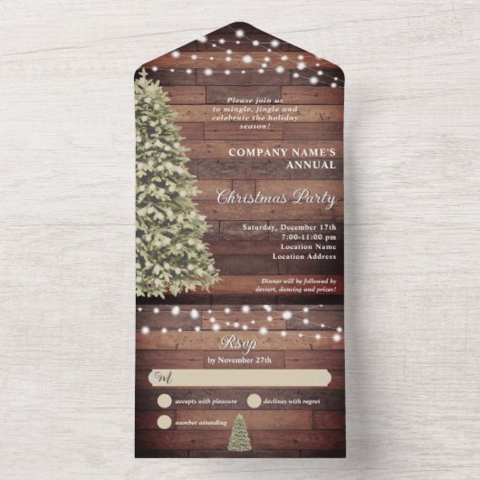Rustieke Kerstboom String Lights Company Party All In One Uitnodiging (Binnen)