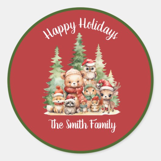 RUSTIEKE KERSTBOSSEN DIEREN RONDE STICKER (Voorkant)