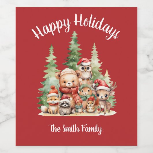 RUSTIEKE KERSTBOSSEN DIEREN WIJN ETIKET (Enkel label)