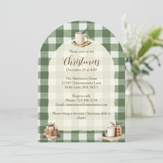 Rustieke kerstcadeaus Mokken Green Gingham Arch Kaart (Staand voorkant)