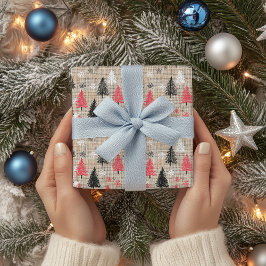 Rustieke kerstclipart met bomen en sneeuwvlokken inpakpapier vel