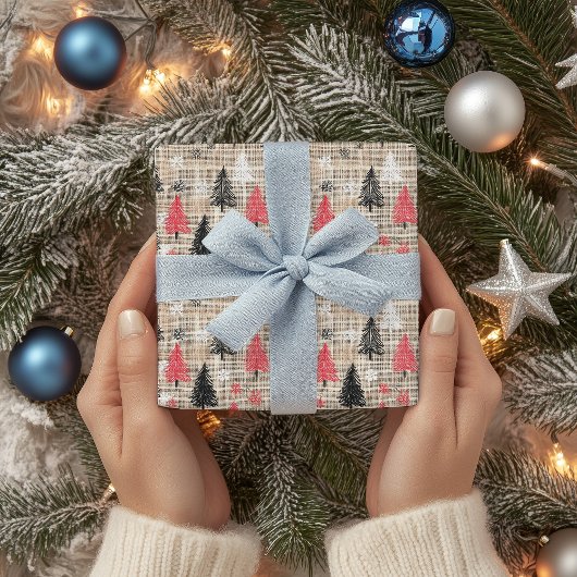 Rustieke kerstclipart met bomen en sneeuwvlokken inpakpapier vel